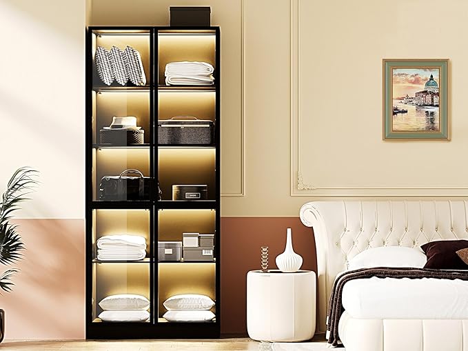 Wooden Display Storage Cabinet with Glass Door, LED Lights,Showcase for Collections, Perfume, Vinyl Albums, Bookcase for Home Office, Living Room, Clinic, Pantry (5 Layers-Black)