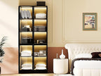Wooden Display Storage Cabinet with Glass Door, LED Lights,Showcase for Collections, Perfume, Vinyl Albums, Bookcase for Home Office, Living Room, Clinic, Pantry (5 Layers-Black)