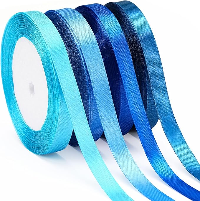 DECYOOL 4 Rolls 100 Yards Blue Satin Ribbons for Gift Wrapping, 10mm Wide Assorted Shades of Blue Thin Ribbon for DIY Crafts Wedding Decor, Baby Shower