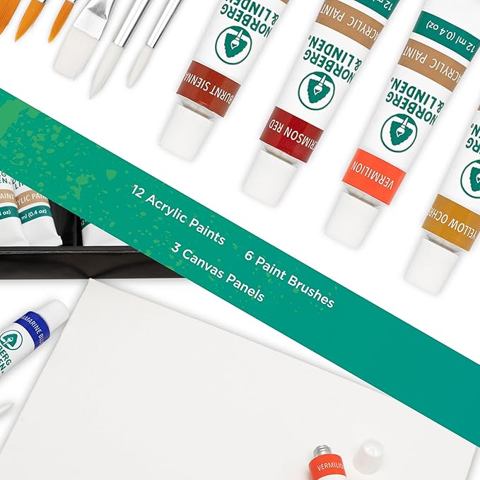 Acrylic Paint Set -12 Acrylic Paints, 6 Paint Brushes for Acrylic Painting, 3 Painting Canvas Panels - Premium Art Supplies for Adults Canvas Painting