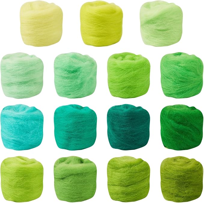 FASHEWELRY 2.6 OZ Nature Wool Roving Set Green Theme Needle Felting Wool Roving 15 Colors Wool Felting Supplies for Needle Felting Wet Felting DIY Hand Spinning