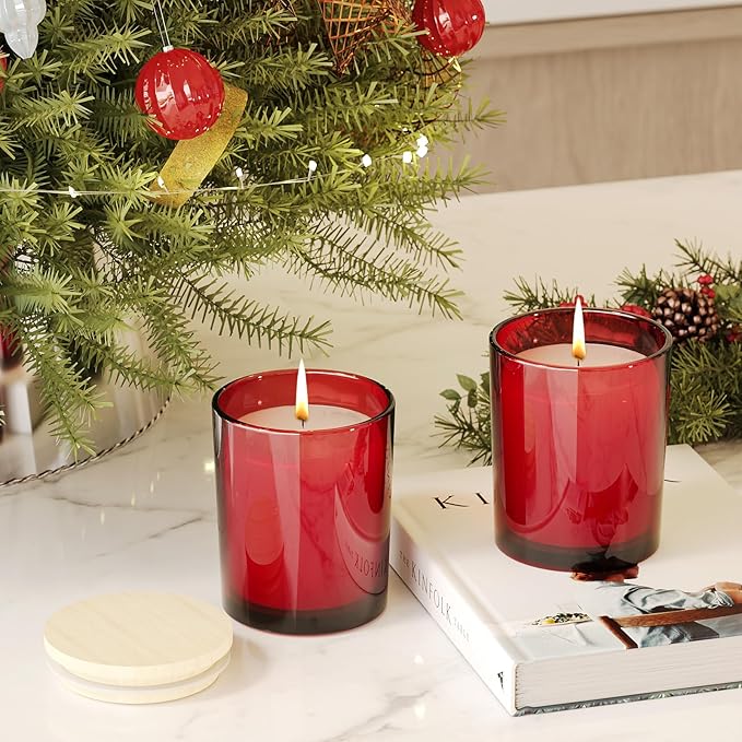 Thick Candle Jars for Making Candles 16 Pcs, 7 OZ Empty Jars with Wood Lids for Candle Making, Sample Container, Red