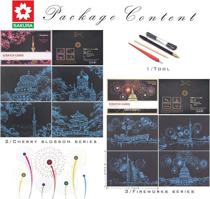 Scratch Art for Adults and Kids-City Landmarks Scratch Painting Craft Kit (8 Sheets A4)|DIY Foil Engraving Art Set|Stress Relief Gift for Travel Lovers, Craft Lovers, Home Decor (Firework&Sakura)