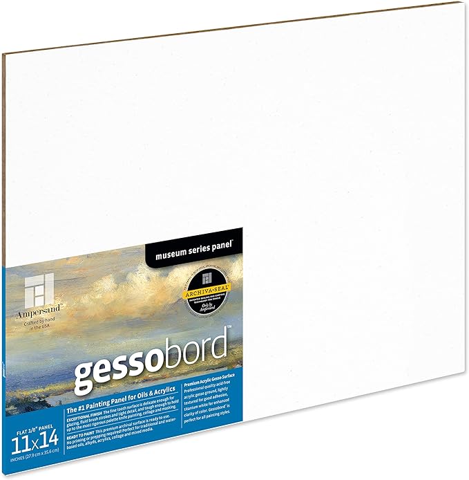 Ampersand Art Supply Gesso Wood Painting Panel: Museum Series Gessobord, 11" x 14", 1/8" Flat Profile