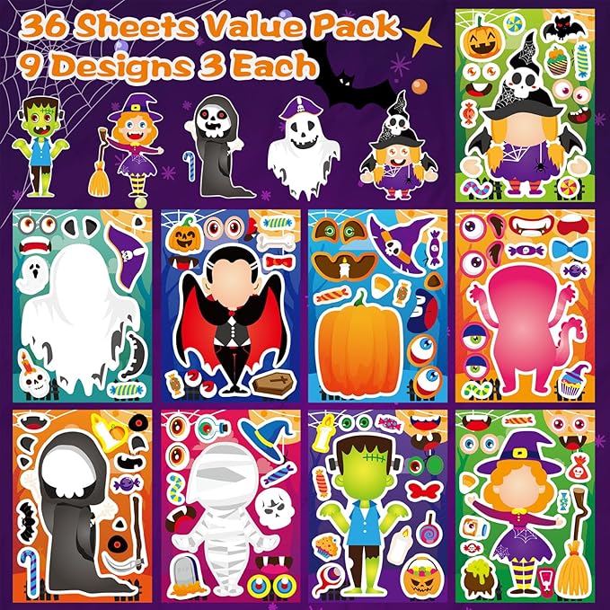 36 Sheets Halloween Stickers for Kids, Make Your Own Halloween Character Mix and Match Stickers Vampires Witches Mummies Zombies Ghosts Sticker, Halloween Party Party Supplies Favors