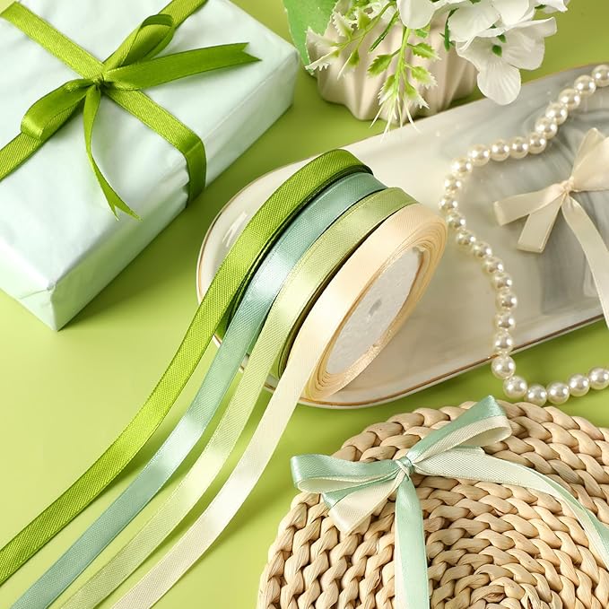 DECYOOL 4 Rolls 100 Yards Green Ribbons, 10mm Wide Satin Craft Ribbons for Gift Wrapping, Assorted Shades of Green Thin Ribbon for DIY Crafts, Wedding Decor, Baby Shower