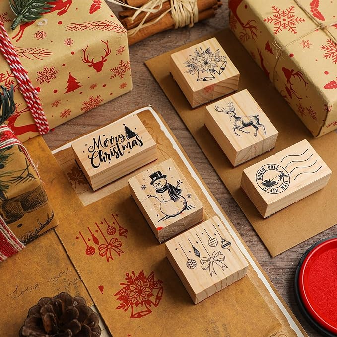 6 Pcs Rubber Stamp Set Wooden Rubber Stamp Stamps Vintage Wooden Art Stamps for Crafting and DIY Scrapbooking Card Making Hand Book(Classic)