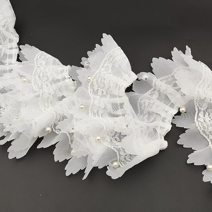 3 Yards White Pleated Lace Chiffon Fabric Elastic Lace Trim for Wedding Bridal Dress Decoration DIY Sewing Clothing Decoration, 2 Inch