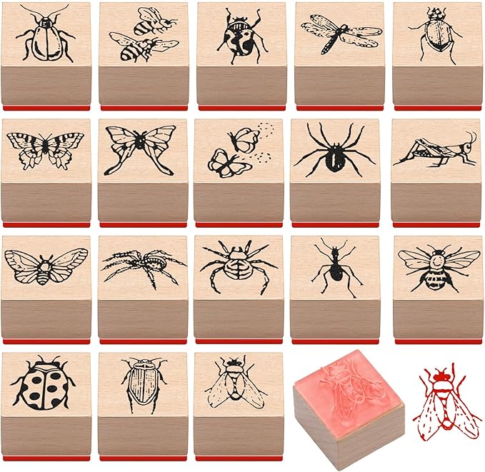18 Pcs Insect Wood Stamps Set Wooden Rubber Holiday Stamps for Card Making Decoration and Scrapbooking Supplies