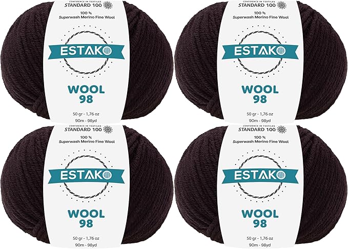 Estako Wool 98 (4- Skeins Pack) 100% Superwash Merino Wool Medium Worsted Weight Soft Knitting and Crochet Yarn (4 x 1.76 oz) (4 x 98 yds) (6359 - Black)