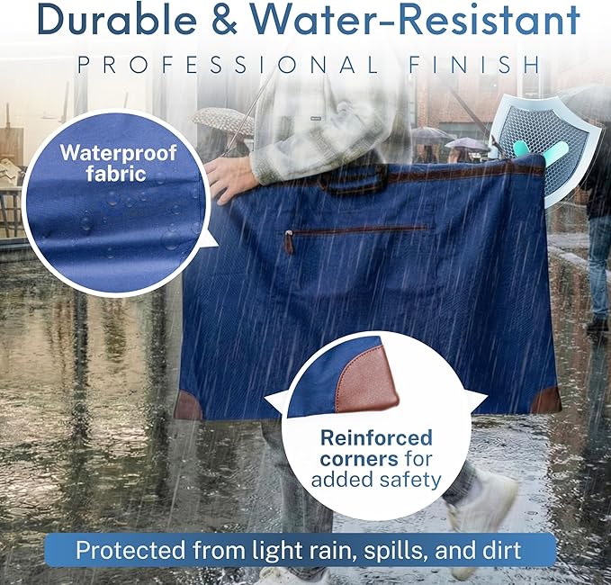 Large 24 x 36 inches Art Portfolio Bag, Fits ARCH D Blueprints, Posters & Art Prints, Waterproof Artist Case with Shoulder Strap, Durable Blue Carrying Tote for Architects, Designers & Students