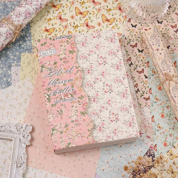 160 Sheets Vintage Flower Scrapbook Paper Purple Pink Flowers with Cursive Script No Repeating Patterns Perfect for Junk Journal DIY Cards Craft Albums Scrapbooking Supplies (Pink, 3.9 x 5.5 inches)