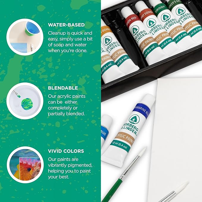 Acrylic Paint Set -12 Acrylic Paints, 6 Paint Brushes for Acrylic Painting, 3 Painting Canvas Panels - Premium Art Supplies for Adults Canvas Painting