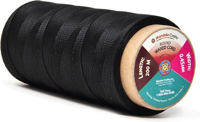 Mandala Crafts Black Round Waxed Thread for Leather Sewing - 219 Yds 200M 0.45mm Polyester Leather Thread String Waxed Cord for Leatherwork, Beading, Bookbinding, Hand Stitching