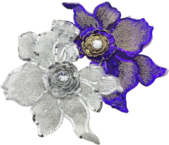 2 PC 3D White Sequin Lace Trim Rhinestones Applique Patches for Wedding Bridal Dress Decoration DIY Sewing Clothing Decoration, 7 x 5.9 Inch