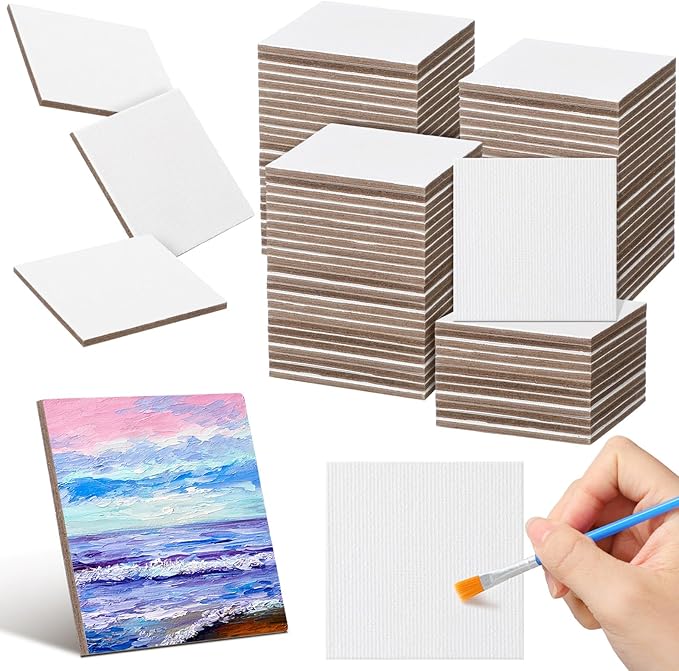 100 Pcs Mini Painting Canvas Panels Art Painting Canvases Panels Cotton Blank White Small Canvas Acid Free Boards for Watercolor Acrylic Oil Paint (2 x 2 Inch)