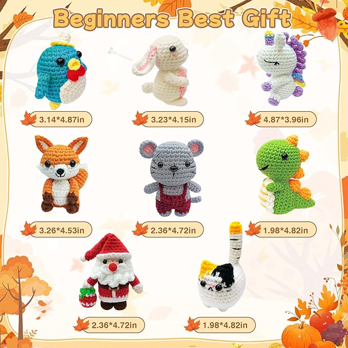 HUASHILUO 8Pcs Crochet Kit for Beginners, 2026 DIY Craft for Adults and Kids, Great Christmas Gift for Crochet Lovers, Crocheting Animal Kits with Step by Step Videos,Yarn,Crochet Hook