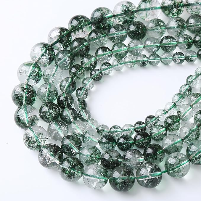 45pcs 8mm Natural Green Phantom Ghost Quartz Stone Round Beads for Jewelry Making DIY Bracelets Necklaces Crystal Energy Healing Stone Beads 15" (Green Phantom Ghost Quartz, 8mm)