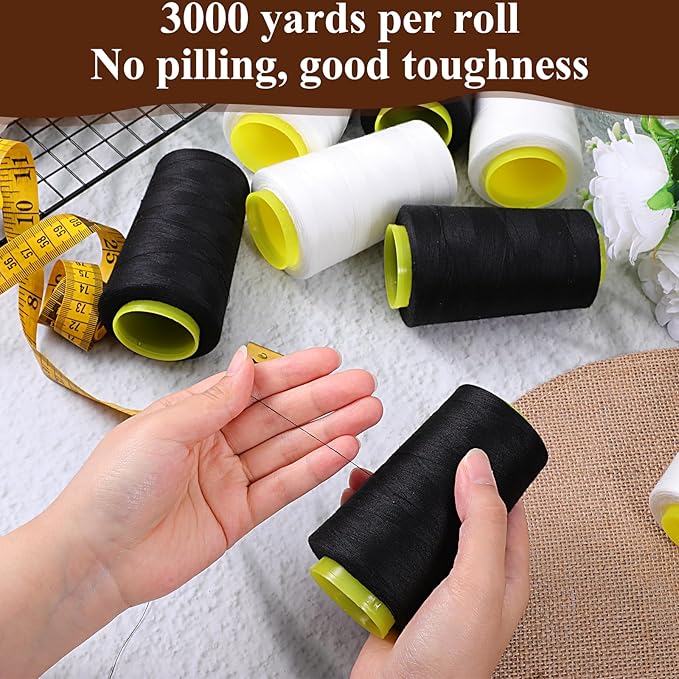 8Pcs Black & White Sewing Thread 40S/2 Polyester Sewing Thread Spools 3000 Yard Spool Serger Thread All Purpose Connecting Threads for Sewing Machine and Hand Repair Works