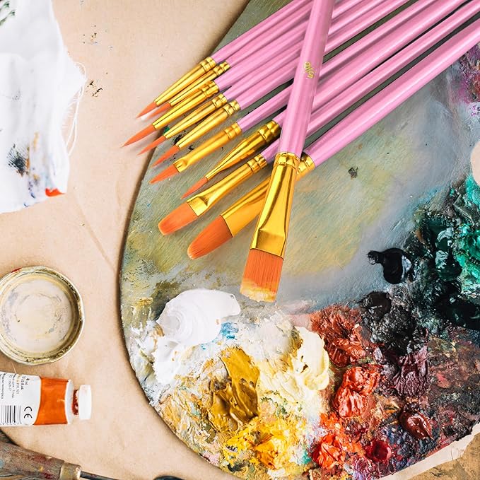 Acrylic Paint Brushes Set, 50Pcs Round Pointed Tip Artist Paintbrushes for Acrylic Painting Oil Watercolor Canvas Boards Rock Body Face Nail Art, Halloween Pumpkin Ceramic Crafts Supplies，Pink