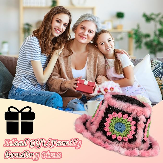 Noocro Crochet Kit for Beginners or Intermediate Level, Fuzzy Granny Square Bucket Hat, Step by Step Video Tutorial, Detailed Instruction Complete Kit Craft Supplies Holiday Gift (Black Pink)