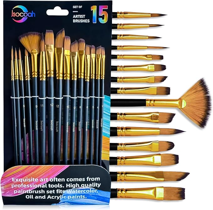 15-Piece Paint Brush Set, Professional Artist Paint Brushes for Kids and Adults - Perfect for Canvas, Fabric, Watercolor, Oil or Acrylic Painting - Ideal for Beginners & Professionals