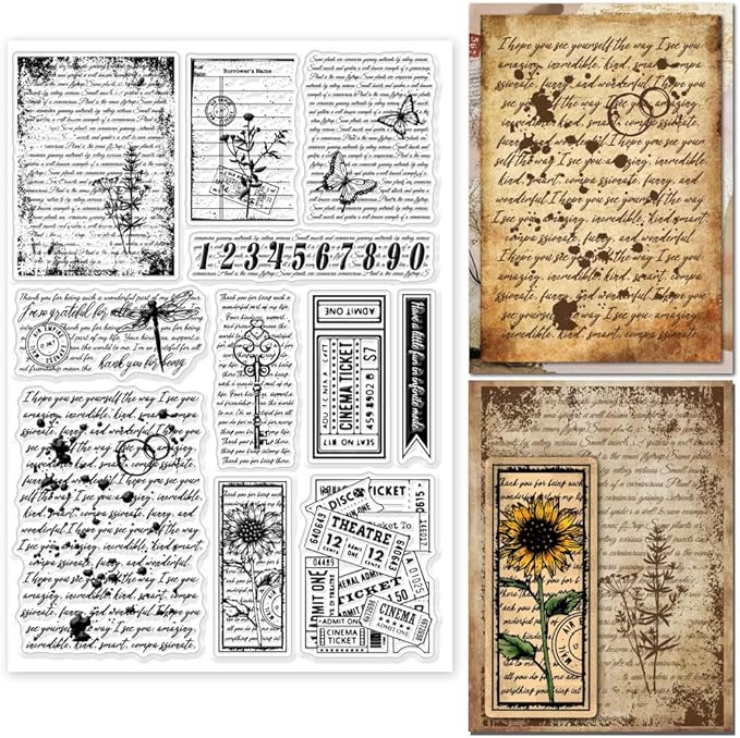 GLOBLELAND Vintage Text Background Clear Stamps for Cards Making Retro Flowers Butterfly Clear Stamp Seals 5.83x8.27inch Transparent Stamps for DIY Scrapbooking Photo Album Journal Home Decoration