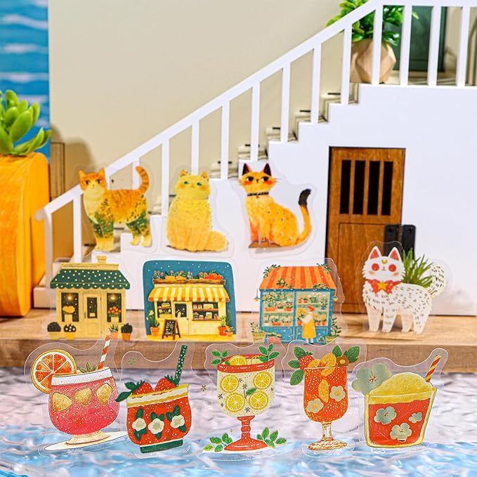 TIAMECH Holiday Facts PET Stickers - 180 Pcs Flower Shop Swimming Pool Girl Cat Design, Waterproof Sticker for Journaling & Scrapbooking, Junk Journal Supplies, Ephemera & DIY Crafts