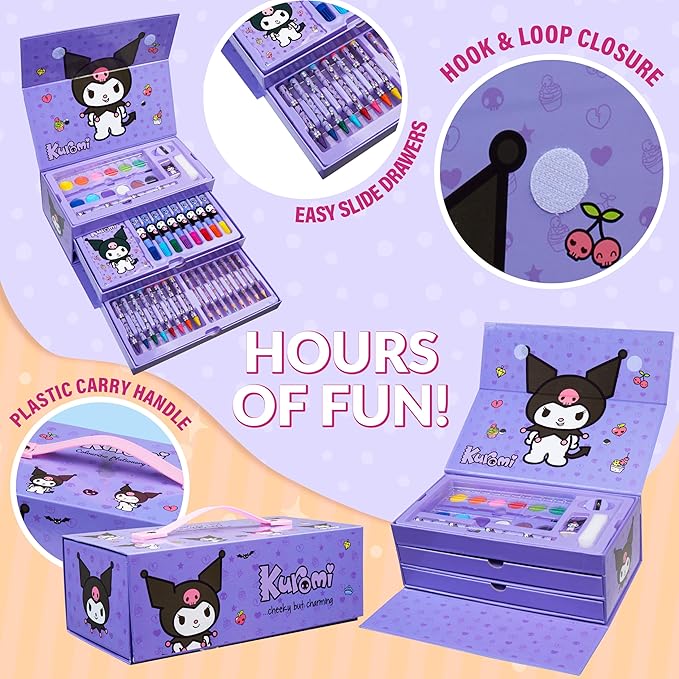 Hello Kitty Sanrio Kuromi Painting Art Supplies for Kids, Colored Pencils, Markers, Crayons, Kawaii Drawing Kit, Stationary, Art Kit, Gifts for Girls (Purple Kuromi 3 Tier)