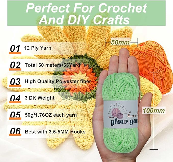 Glow in The Dark Yarn - 5 Pack Colorful-1 (260g/9oz | 273 Yards), Knitting & Crochet Thread for DIY Crafts, Christmas Gifts, Doll Making (Green)