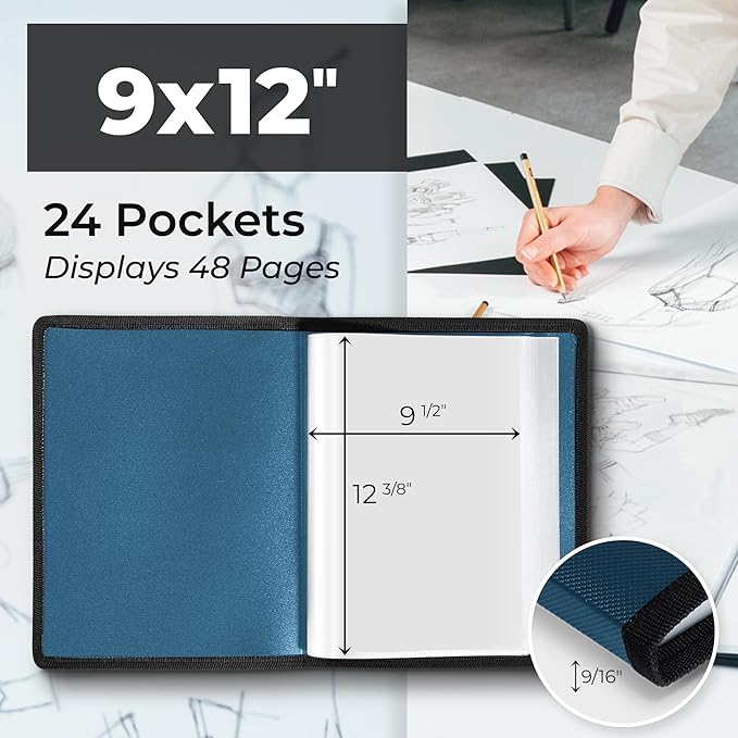 Dunwell Art Portfolio 9x12 Folder (Blue), Black Mounting Paper, Portfolio Binder for Artwork, 9 x 12 Art Folder, 24 Pockets Display 48 Pages, Acid-Free Poly Presentation Book