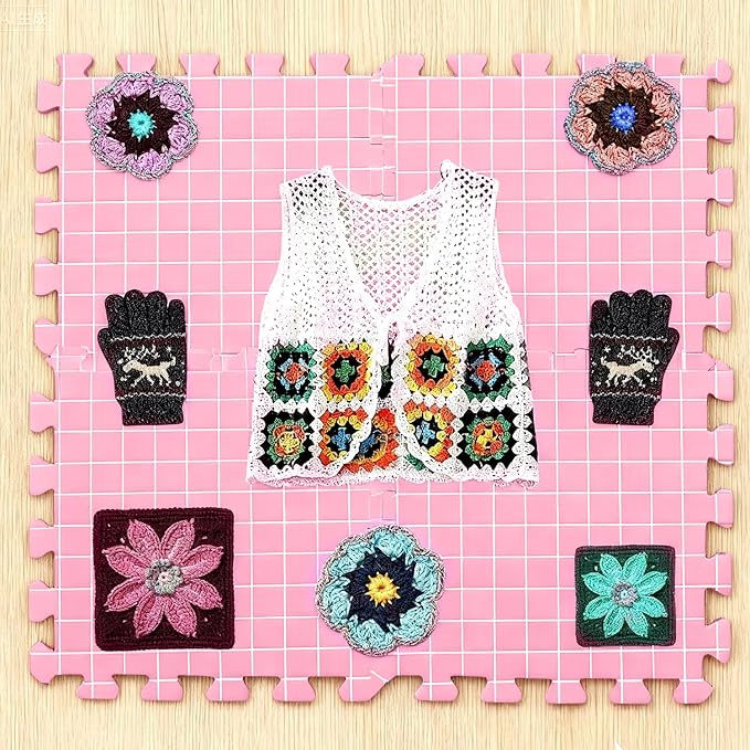 MEVOME Blocking Mats for Knitting 200 T-pins 100 Locking Stitch Markers, Extra Thick Block Boards Crochet Projects Grid Lines Needlepoint Knit Crocheting, 9 Foam Interlocking Mat Storage Bag (Pink)