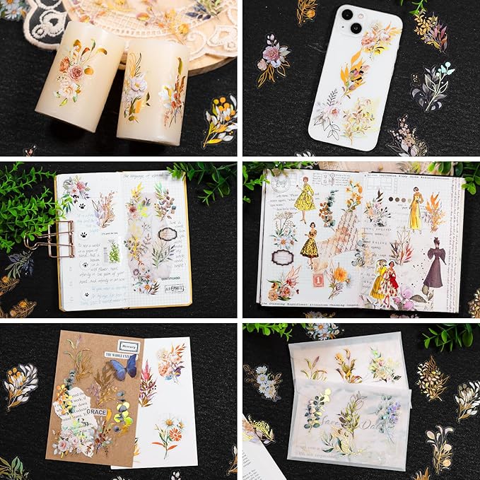 Dizdkizd Holographic Flower and Leaf Sticker Set, 240 Foil Gold Botanical Scrapbook Sticker Small Transparent Floral Decals for Journal, Planner, Photo Album, Card