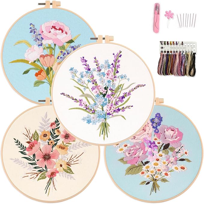 Myfelicity Embroidery Kit, 4 Flower Pattern Embroidery Set with 4 Patterns and 2 Hoops, Adult and Beginner Needlepoint Kit with Embroidery Floss, Needles, Cotton Fabric and Instructions…
