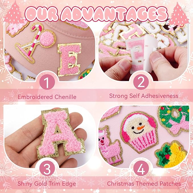 72 Pcs Pink Christmas Patches Chenille Christmas Letter Patches Self Adhesive Embroidered,Include 52 A-Z Letters Stick on Patch,20 Winter Cute Snowman Wreath Snowflake Stickers for Backpacks