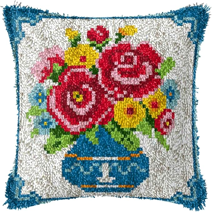 LAPATAIN Latch Hook Kits for DIY Throw Pillow Cover,Colorful Flowers Pattern Needlework Cushion Cover Hand Craft Crochet for Great Family 17x17inch LT1