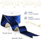 Blue Velvet Wired Ribbon with Glitter Back 2.5 Inch Navy Blue and Gold Christmas Ribbon Wired Ribbon for Christmas Tree, Gift Wrapping, Mantel, Wreaths Supplies, Topper Bows (10 Yards)