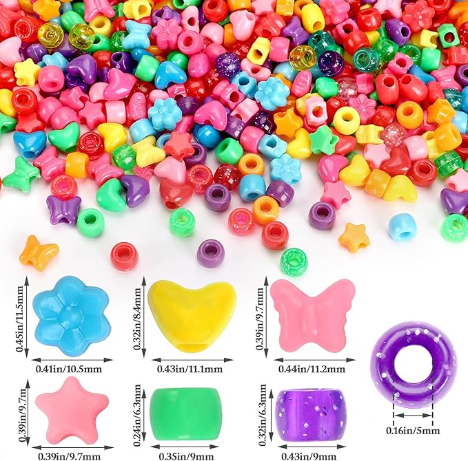 UPINS 1200 Pcs Colored Shaped Pony Beads - Mixed Perforated Assorted Heart Flower Star Butterfly Beads for Jewelry Making Friendship Bracelets Necklace Craft Hair Beaded