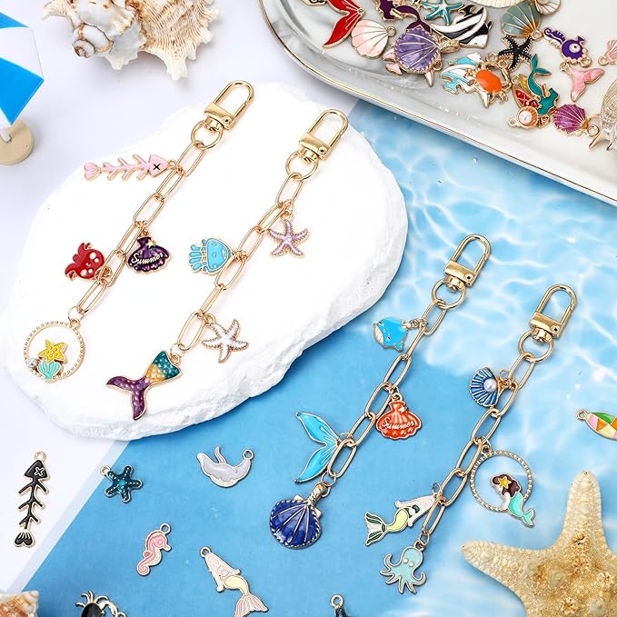 AUGSUN 189Pcs Ocean Themed Keychain Making Kit, Charm Jewelry Chain Making Crafts Including 60 Summer Beach Charms 12 Keychain Clips Hooks 15 Extender Chains 100 Jump Ring and Jewelry Plier