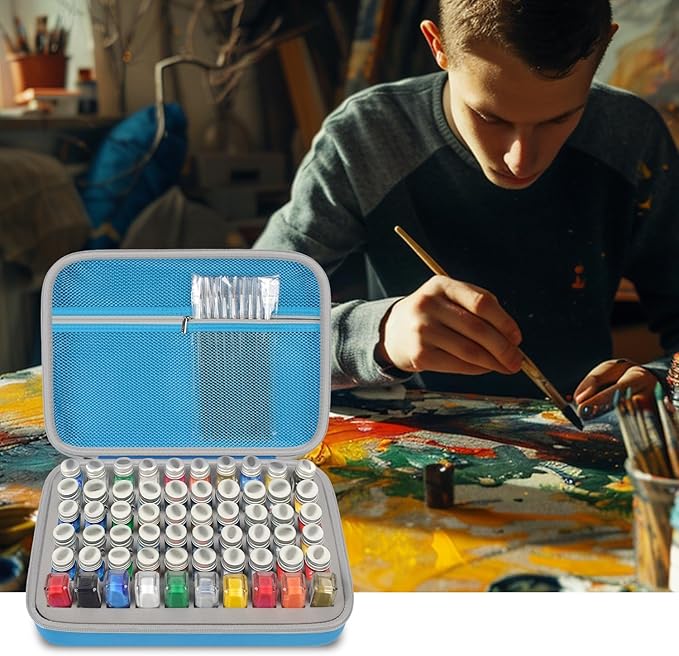 Model Paint Storage Case for Testors Paint Set, Paints Organizer Carrying Bag Holds 60 Bottles with 9 Fine Detail Miniatures Brushes, Enamel Paint Container, Drawing Ink Holder- Box Only (Blue)