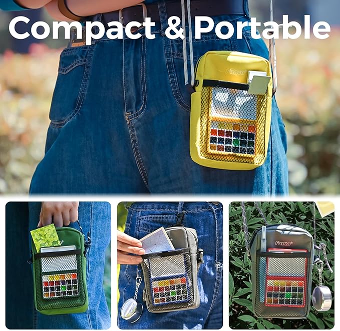 Funto Mini Watercolor Paint Set, All-In-One 24-Color Christmas Red Gift Travel Paint Kit, with Crossbody Bag, Watercolor Journal, Paint Water Cup, Pocket Set for Artists