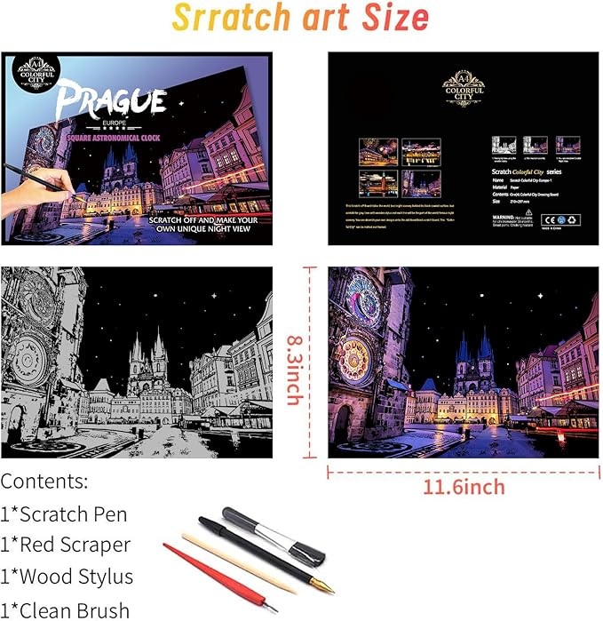 Scratch Art for Adults (8 Sheets A4),Family Creative DIY Painting Papers for Travel Lovers,Craft Lovers|Creative Scratch Art Adult (Prague/Ottawa) by Iskueal