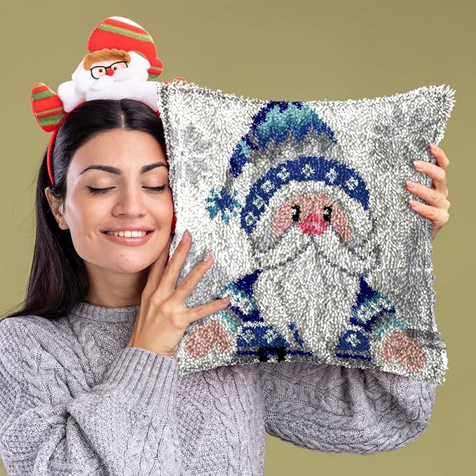 DL-YTG Latch Hook Kits Pillow Blue Geezer Crochet Yarn Cushion Colour Printed Canvas Rug Needlework DIY Pillowcase Hook and Latch Kit Christmas Home Arts Crafts Sofa Decoration 42x42cm/16X16inch