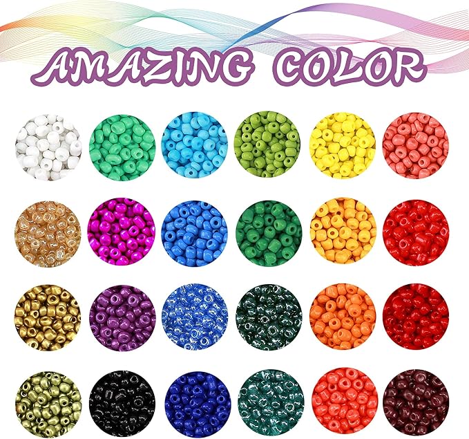 Glass Seed Beads for Bracelet Making Kit, 24 Colors 6/0 4mm Small Beads Multicolor Beading Beads with Container Box for Jewelry Making - Approx 6000pcs