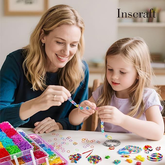 INSCRAFT 17490+ Rubber Loom Bands, 28 Colors Bracelet Making Refill Kit, with 3-Layer Container, 600 S-Clips, 352 Beads, 40 Cartoon Charms, Christmas Birthday Gift for Girls Boys Kids