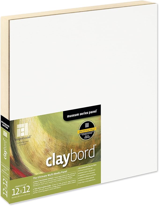 Ampersand Art Supply Wood Painting Panel: Museum Series Claybord, 12" x 12", 3/4" Cradled Profile