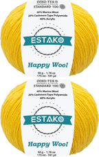 Estako Happy Wool (2 Skeins Pack) 40% Merino Wool 20% Cashmere Type Polyamide 40% Acyrlic Fingering Weight Soft Knitting and Crochet Yarn (2 x 1.76 oz) (2 x 191 yds) (8012 - Yellow)