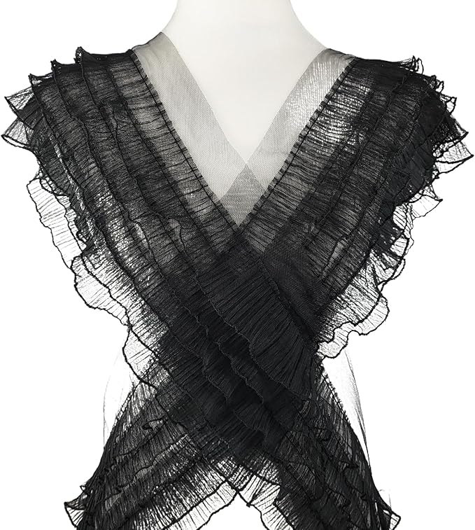 1 Yards Black Pleated Lace Chiffon Fabric Elastic Lace Trim for Wedding Bridal Dress Decoration DIY Sewing Clothing Decoration, 6 Inch