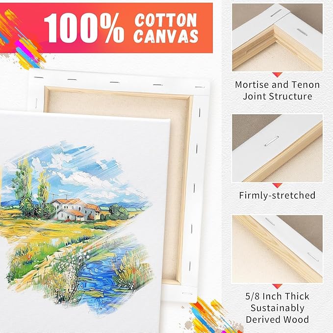 FIXSMITH Stretched Canvas for Painting- 8x10 Inch,Bulk Pack of 8,Primed,100% Cotton,5/8 Inch Profile of Super Value Pack for Acrylics,Oils & Other Painting Media