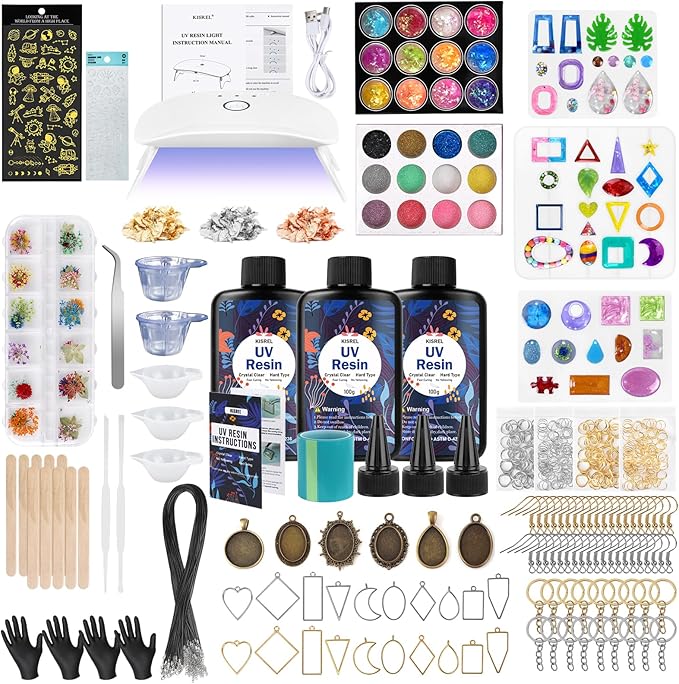 KISREL UV Resin Jewelry Making Kit, 300g Crystal Clear Resin with Light and Molds, DIY Jewelry Making Kit, Resina Starter Kits for Keychain and Earring